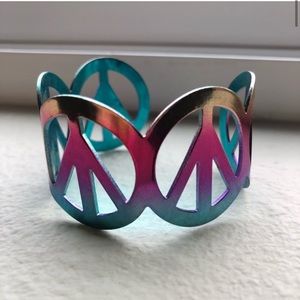Metallic Ombré Rainbow Peace Sign Cuff Bracelet